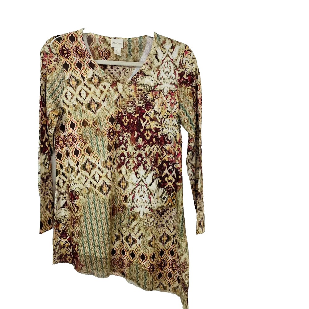 Chicos 0  Top  Shirt Maroon Tan Floral Print Small Asymmetrical Long Sleeve Work
